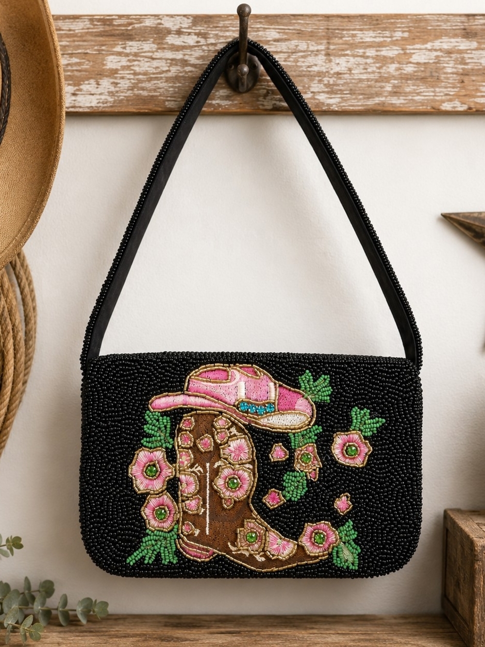 Studio 12 Western Cowboy Boot Floral Hand Beaded Black Shoulder Bag NWT